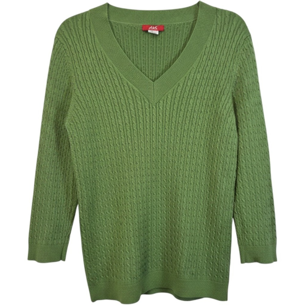 Anne Klein Sport Womens Green Cable Knit V-Neck Sweater Cotton Blend Size L